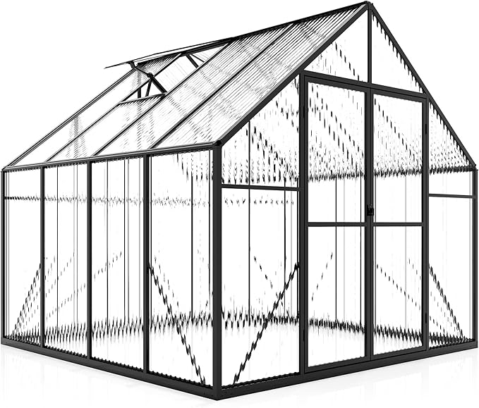 Jocisland 8x8x7 FT Polycarbonate Greenhouse for Outdoors with 2 Windows, Dual Swing Doors, Aluminum Walk-in Frame, Heavy Duty Garden Greenhouse for Backyard, Black