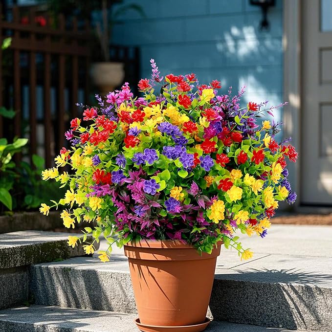 24 Bundles Artificial Flowers for Outdoors UV Resistant, Artificial Flowers Outdoor Decoration, No Fade Faux Fake Flowers Greenery Shrub Plants for Garden Home Front Porch Window Hanging Decor