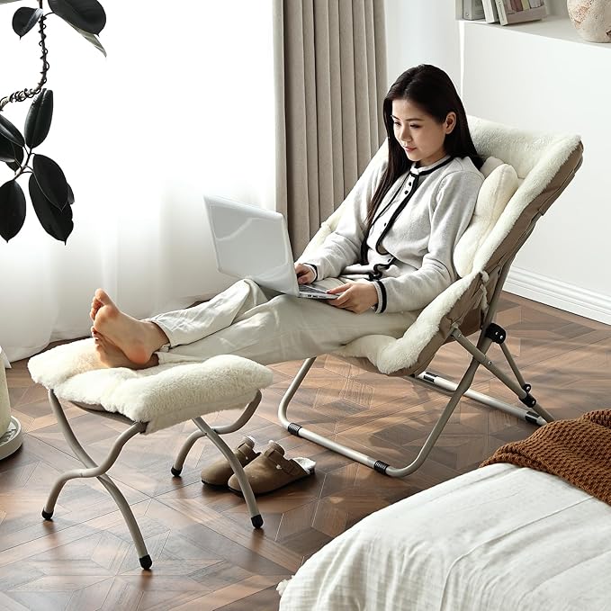 Welnow Comfy Saucer Chair with Ottoman, Oversized Folding Reading Chair for Adults with Throw Pillow Soft Faux Fur Lounge Chair for Bedroom Furry Accent Chair for Living Room, Dorm Rooms, Beige