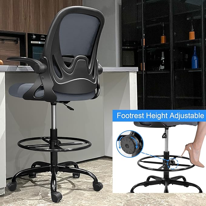 Primy Drafting Chair Tall Office Chair with Flip-up Armrests Executive Ergonomic Computer Standing Desk Chair with Lumbar Support and Adjustable Footrest Ring(Dark Gray)