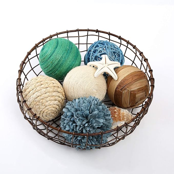 6 Pcs 3.5in Summer Spherical Decorative Balls - Blue & Green Rattan Balls with Twine for Vase & Bowl Fillers