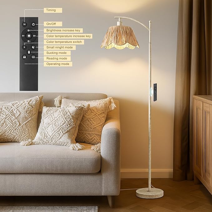 Oneach Rattan Floor Lamp for Living Room with 3 Color Temperatures, Boho Floor Lamp for Bedroom with Remote & Dimmable Bulb, Farmhouse Standing Lamp for Reading, Antique White