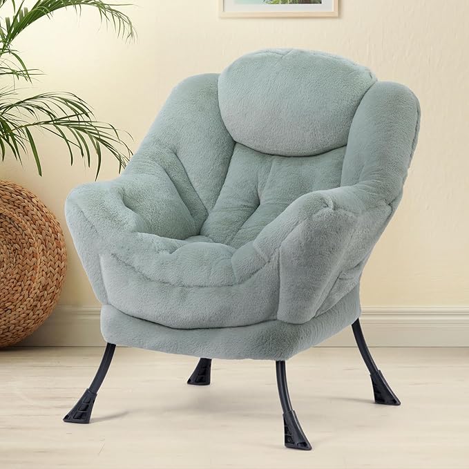 HollyHOME Fabric Lazy Chair with Foldable Ottoman, Accent Comfy Lounge Arm Chair and Folding Footrest Stool Set, Leisure Sofa Reading Chair and Footstool for Living Room, Bedroom, Dorm, Pea Green