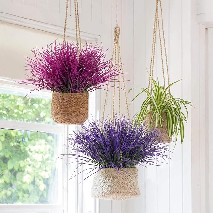 RECUTMS 12 Bundles Artificial Grass Fake Plants Outdoor Fake Grass UV Resistant Greenery Plastic Plants for Home Window Garden Office Patio Hanging Planter Pathway Front Porch Décorr(Fuchsia)