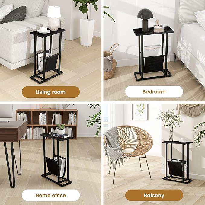 Narrow Side Table with PU Leather Magazine Holder Rustic Slim Little Thin Table for Living Room, Bedroom, Sofa, Black