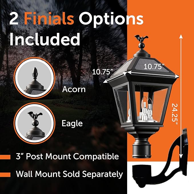 Gama Sonic Imperial Solar Post Light, Black Aluminum and Glass, Triple Candelabra Bulb with 3-inch Fitter for Lamp Poles, Warm White 2700K, 37BC50012