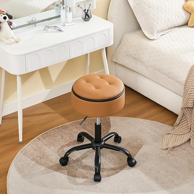 Vanity Stool with Wheels (Chair & Small Table in One) (Adjustable Height Stool 20.67"-24.61"), Caramel Brown Rolling Chair with Storage