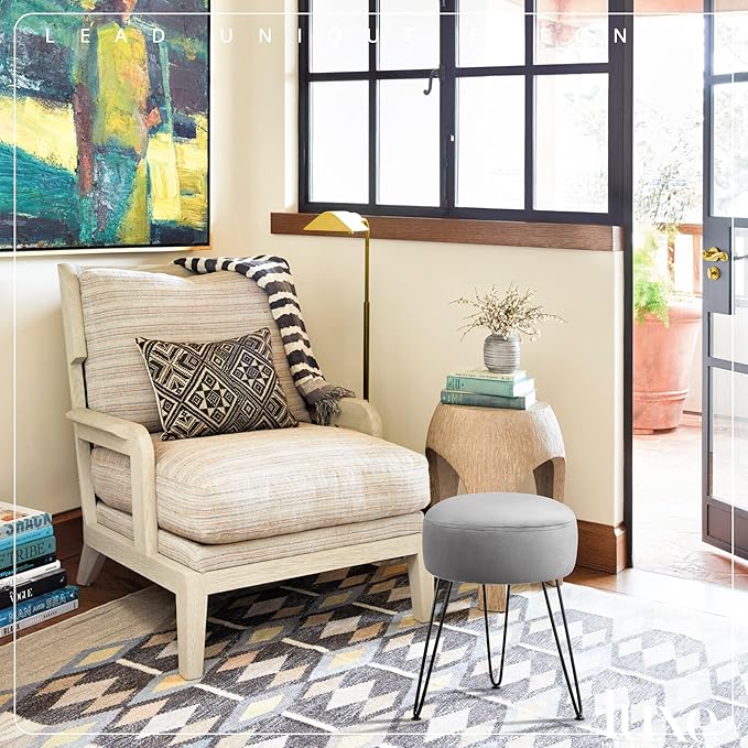 LUE BONA Vanity Stool, Gray Vanity Stools for Makeup Room, Round Ottoman Foot Stool, Velvet Footrest Vanity Chair for Bathroom Vanity, Bedroom, Living Room, Entryway, Offices