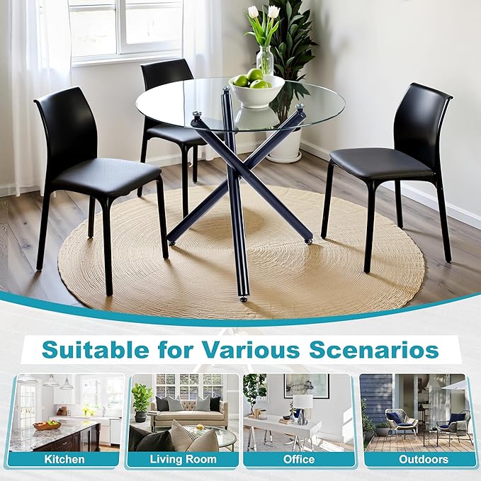 Kitchen Table Classic Dining Table for 4 Round Glass Dining Table 35.43" Kitchen & Dining Room Tables with Metal Legs and Glass Tabletop for Dining Room and Apartment, Black
