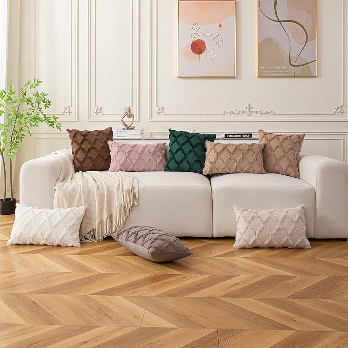 Set of 2 Soft Moroccan Throw Pillow Covers 24x24 Inch Plush Boho Decorative Pillow Cover Accent Cushion Case for Couch Sofa Bed, Light Brown