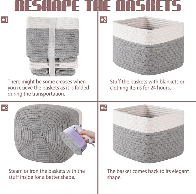 OIAHOMY 9”x9”x7” Storage Cubes, Cotton Rope Woven Baskets for Organizing, Cube Storage Bin, Small Gift Basket for Shelf, 3-Pack, Grey&White