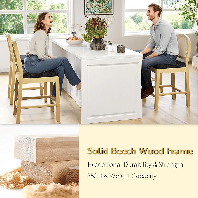 STHOUYN Upholstered Rattan Bar Stools Set of 4, Wooden Counter Height Stools with Natural Rattan Woven Back and Chenille Seat, Mid-Century Modern Island Chairs Barstools for Kitchen (4, Black)