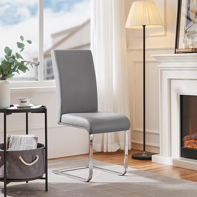 Yaheetech Dining Chairs Set of 4 Modern Faux Leather Upholstered Dining Room Chairs with High Back and Metal Chrome Legs for Kitchen/Living Room/Restaurant, Light Gray