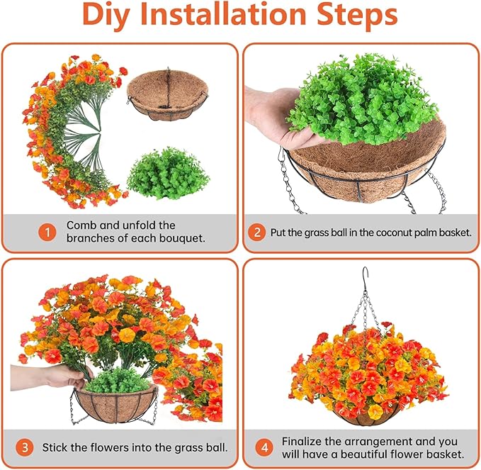 Artificial Hanging Faux Flowers Basket, Fake Silk Petunias Plants Arrangement,for Summer Fall Outdoor Decoration,UV Resistant, Morning Glorias,for Home Garden Decor (Orange&Yellow)