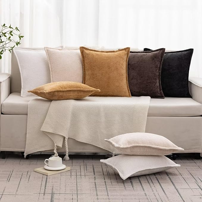 Cream White Decorative Throw Pillow Covers 18x18 Inch Set of 2 Cozy Soild Chenille Cushion Cases Soft Textured Square Couch Pillows Cover Boho Accent Farmhouse Pillowcases for Sofa Bed