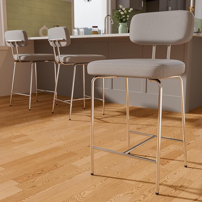 Counter Height Bar Stools Set of 3, 26" Gray Fabric Kitchen Counter Stools with Backs, Metal Legs, Footrest and Wide Seat, Bar Chairs for Kitchen Island