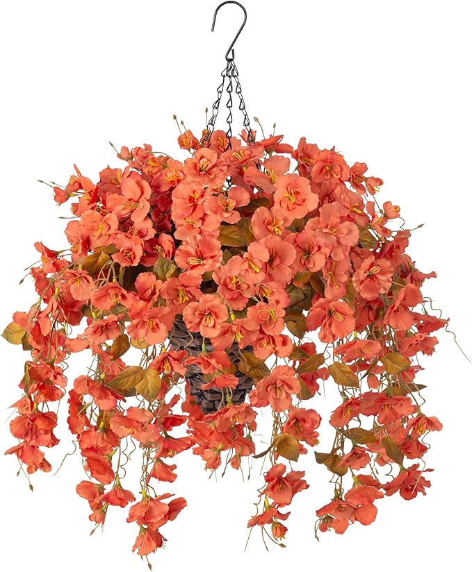 Artificial Fake Fall Hanging Flowers Plants Baskets, 5Pcs Faux Silk Hibiscus Long Vines Outdoor Plants in Planter UV Resistant Realistic Flower for Outside Home Porch Patio Garden (Fall Orange)