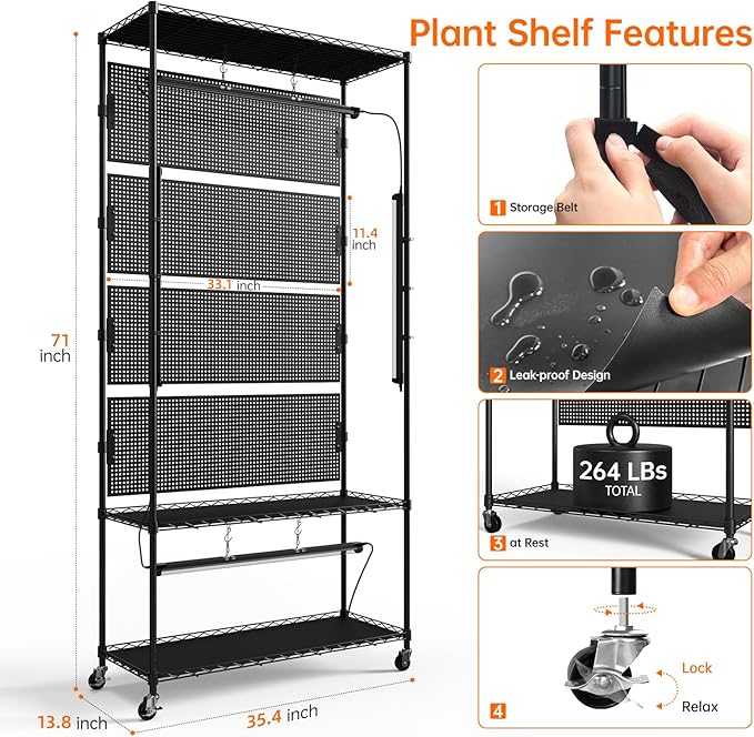 Bstrip Plant Shelf with Grow Light & 4 Pegboard, Metal Plant Stand with Adjustable Rack and Wheels, 4 x 24W Full Spectrum Grow Light Strip for Indoor Plants, Foliage Plants, Seedling, 35.4"x13.8"x71"