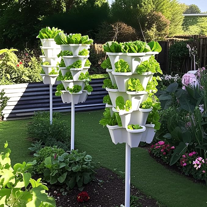 7 Tiered Strawberry Planters 3 Pack, Vertical Stackable Planter, Herb Stacking Tower Garden, Flower and Vegetable Planters with Support Pole Indoor and Outdoor with Removable Wheels Dark Grey