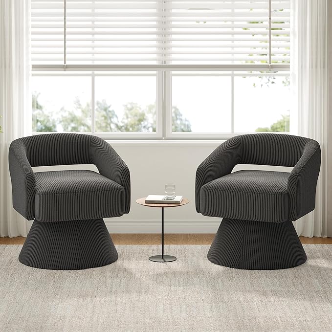 LINSY Swivel Barrel Chair, 360° Modern Swivel Accent Chair with Arms, Boucle Swivel Chair Gray Corduroy Chairs for Bedroom Living Room Small Spaces