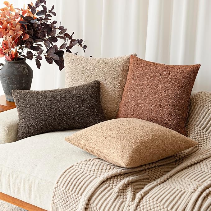 Foindtower Set of 2, Decorative Textured Boucle Throw Pillow Covers Accent Solid Pillow Cases Cozy Soft Couch Cushion Case for Chair Sofa Bedroom Living Room Home Decor 24x24 Inch Burnt Orange Hazel