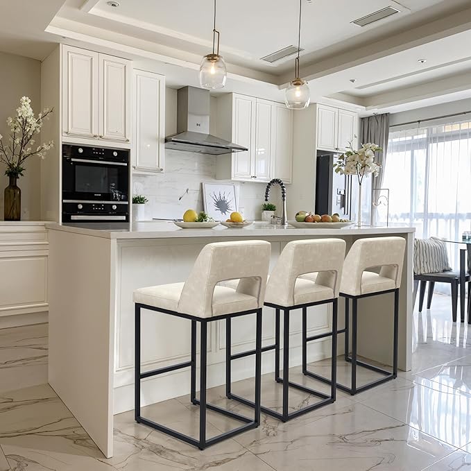 Counter Height Bar Stools Set of 4 for Kitchen Counter Modern Bar Chairs with Backs 26 Inch for Kitchen Island with Upholstered Faux Leather Seat and Metal Frame, Beige