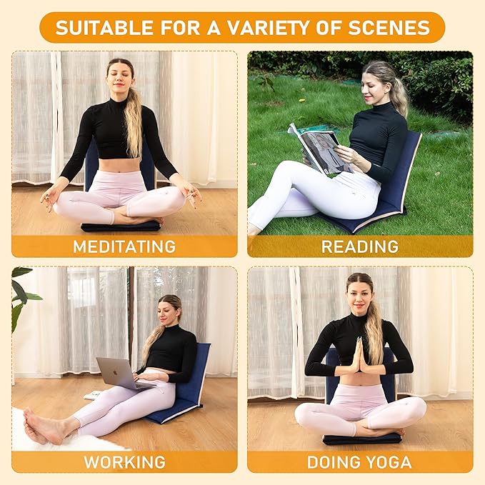 14-Position Adjustable Floor Chair with Back Support - Portable Gound Seating for Adults & Kids, Foldable Meditation Chair with Japanese KOYO Bearings & Washable Linen Cover (Blue)