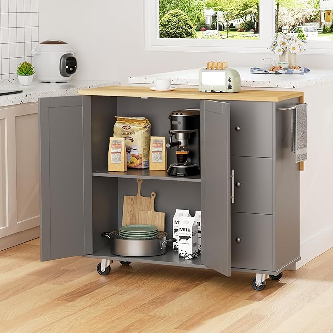 Shintenchi Kitchen Island with Folding Drop Leaf, Rolling Island Table with Storage, Kitchen Cabinet on Wheels with Seating Area for Kitchen, Bar Cart with Cabinet, Gray