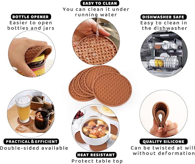 Coasters for Drinks 6 Pack Drink Plastic Coaster with Holder,Heat Resistant Silicone Cup Mat Tabletop Protection,Non-Slip Rubber Coasters for Kinds of Cups (Brown)