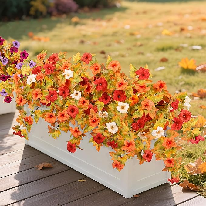 Fall Flowers Artificial for Decoration Fake Petunias Plants for Outdoor, 2PCS Autumn Silk Faux Flower UV Resistant No Fade Floral for Garden Balcony Yard Porch Realistic Indoor Decor (Orange White)