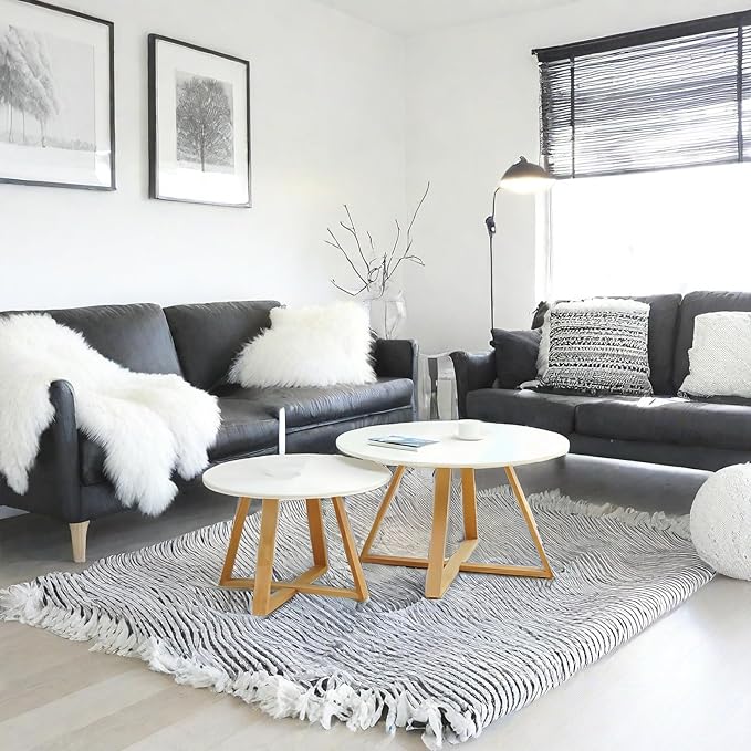 2Pcs Mid-Century Modern Round Coffee Table Set of 2, Natural Wood & White, Easy Assembly, Indoor & Outdoor Use