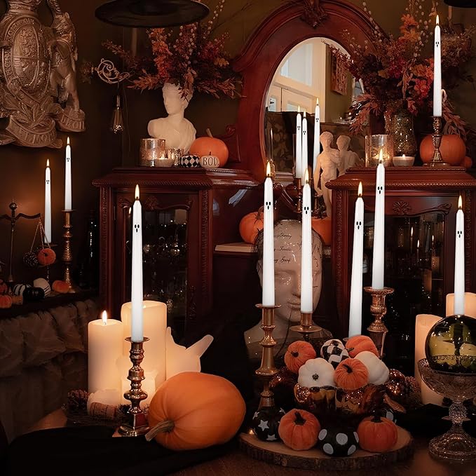 12 Pack Halloween Taper Candles - 10 Inch White Ghost Face Smokeless Candles, Long-Lasting 7+ Hour Burn, Premium Wax for Spooky Decor & Parties