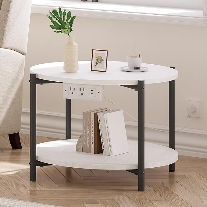 LIKIMIO Round Side Table Set of 2, 23.6" W End Table with Charging Station, Modern Wooden Nightstand for Small Spaces, Living Room, Bedroom, White