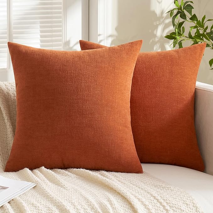 MIULEE Burnt Orange Couch Pillow Covers 22x22 Inch, Set of 2 Soft Chenille Fall Decorative Square Throw Pillow Covers Farmhouse for Sofa Living Room Bed