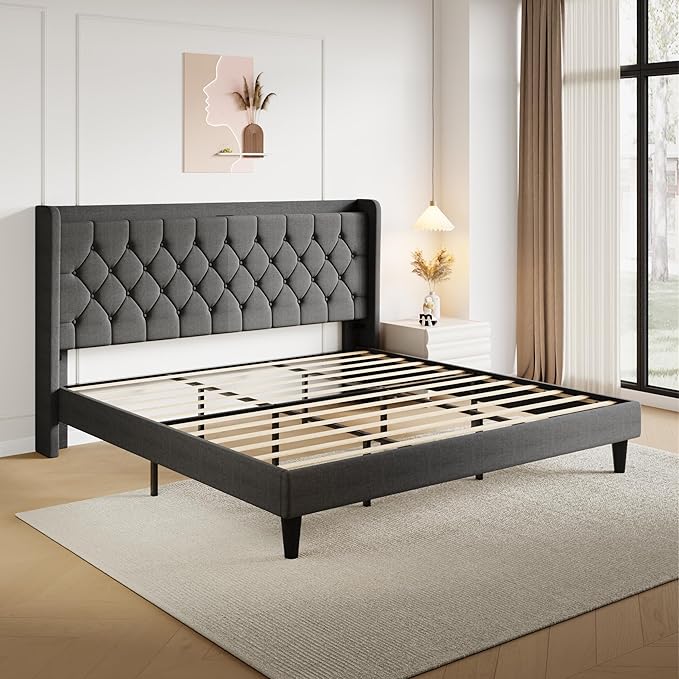 SHA CERLIN King Size Platform Bed Frame with Charging Station, Velvet Wingback Headboard with Storage Shelf, Wooden Slats Support, Ample Under-Bed Space, No Box Spring Needed, Easy Assembly, Dark Grey