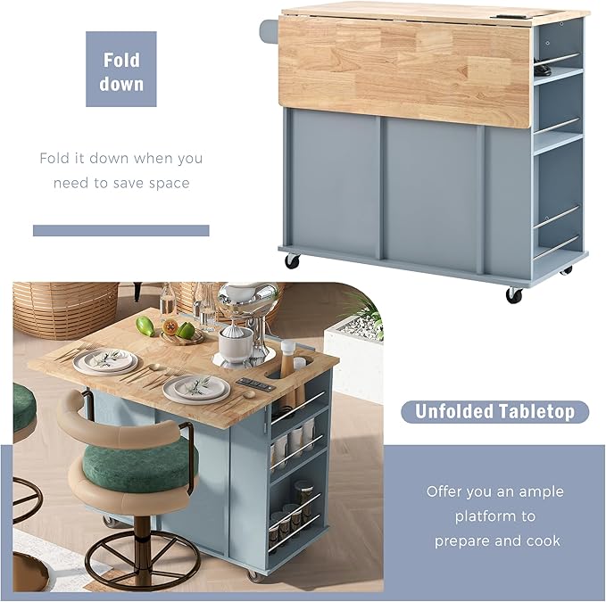 Merax Rubber Wood Kitchen Island with Adjustable Storage, Rolling Kitchen Storage Cart with Drop Leaf, Open Storage, Wine Rack, 5 Wheels for Home, Kitchen, Dining Room, Blue