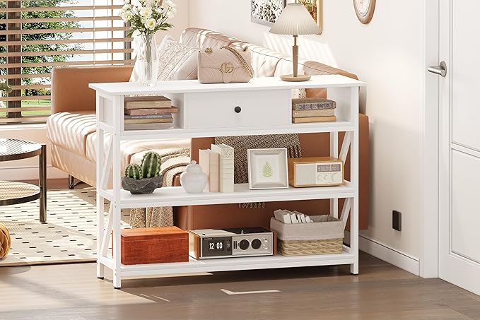 Mexin 39 Inch Console Sofa Table with Drawer, Industrial Entryway Table with Storage Shelves, Storage Organizer for Hallway Living Room Couch Foyer Kitchen Counter, White