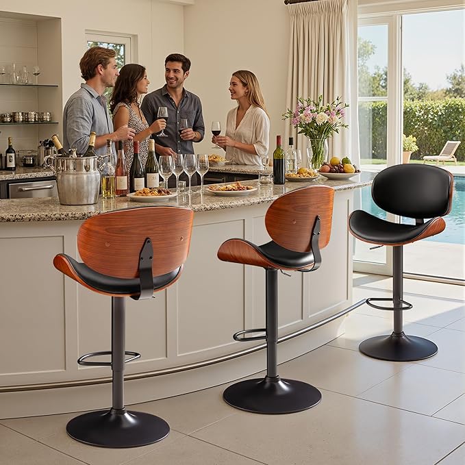 Bar Stools Set of 2 Adjustable Swivel Bentwood Barstools PU Leather Modern Bar Chairs with Back & Footrest for Bar, Kitchen Island, Dining Room (Black, Set of 2)