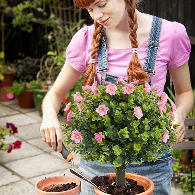 Set of 2 Artificial Pink Camellia Eucalyptus Tree Garden Stakes 20" Height, UV Resistant Faux Floral Bushes with Metal Spikes, Realistic Fake Plants for Porch, Patio, Yard, Garden Outdoor Decor