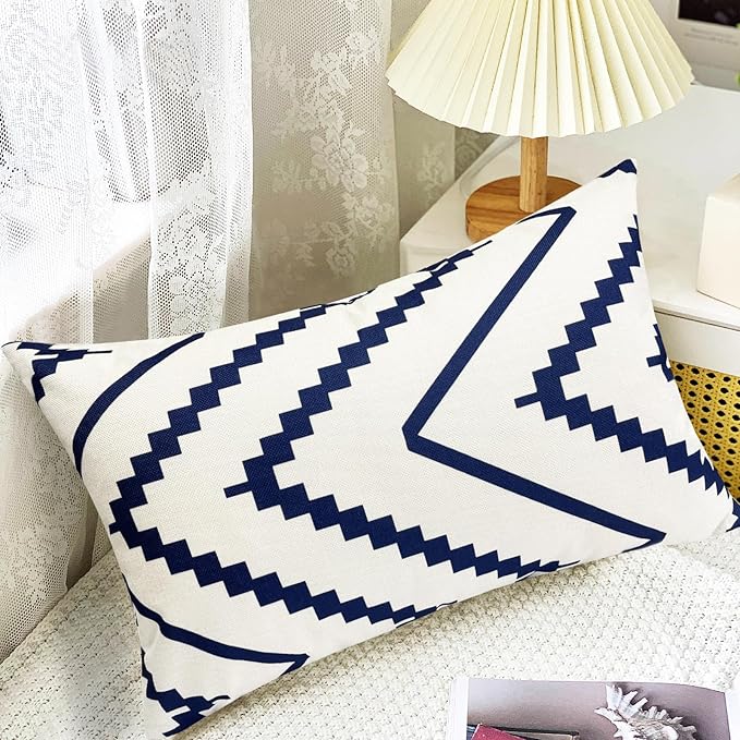 Decorative Throw Pillow Covers Set of 4 Blue Pillow Covers 12x20 inch Throw Pillow Cases Linen Square Pillow Case,Farmhouse Outdoor Modern Geometric Pillow Covers for Couch Sofa Living Room