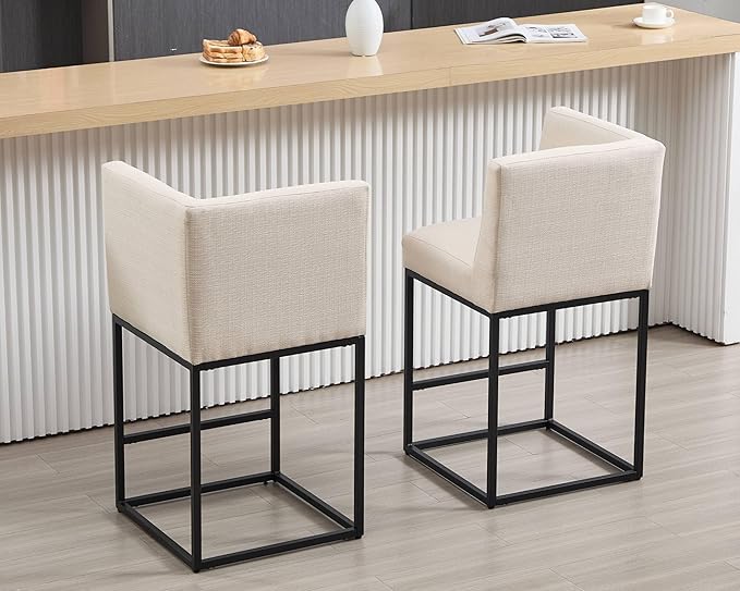 VESCASA 27" Counter Height Bar Stools with Padded Back, Modern Upholstered Counter Stool Chairs with Black Metal Frame for Kitchen Island, Linen Cream, 1 Left Side Seat and 1 Right Side Seat