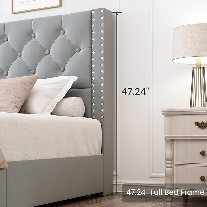 LARMACE Queen Size Bed Frame Upholstered Platform Bed with 4 Storage Drawers and Tufted Headboard Velvet Bed Frame with Heavy Duty Wood Slats, No Box Spring Needed, Easy Assembly, Bluish Grey