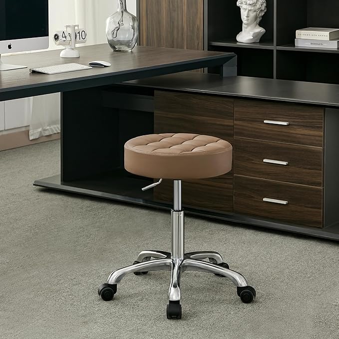 Stool for Work (Adjustable Height 20-27 inch) (Quiet Wheels and Aluminum Base) Vanity Stool for Makeup Room (Coffee Brown)