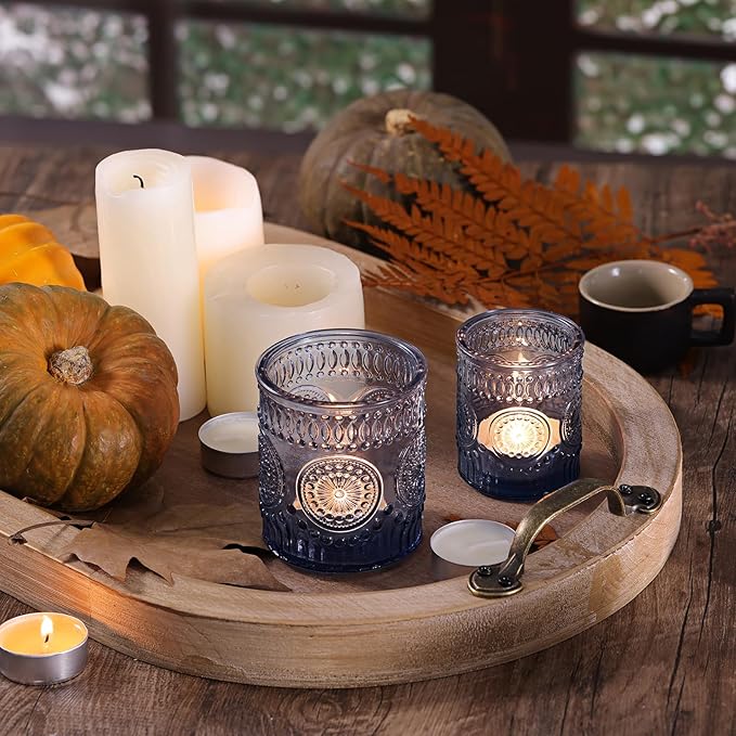 Volens 20pcs Assorted Blue Votive Candle Holders with 20pcs Tealight Candles, Large Glass Votive & Tea Light Candle Holder for Wedding Table Centerpieces, Christmas Party Decorations, Fall Home Decor
