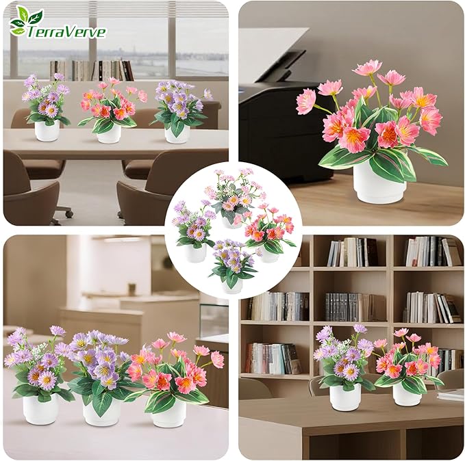 4-Piece Silk Fake Flowers Set | Artificial Plants Indoor for Living Room, Bedroom, Bathroom & Office Decor | Low Maintenance Fake Plants | Boho Style Plants Decor, Home & Bedroom Décor