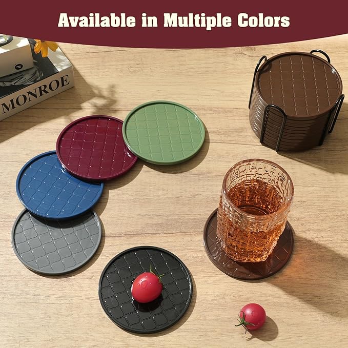 Coasters,Drink Coasters Set of 8 with Holder (Wine red, 12pcs)