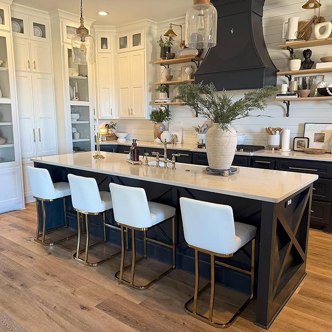 PHI VILLA White and Gold Bar Stools Set of 3, Faux Leather Counter Height Chairs, Kitchen Stools for Island, 24 Inch Barstools with Back