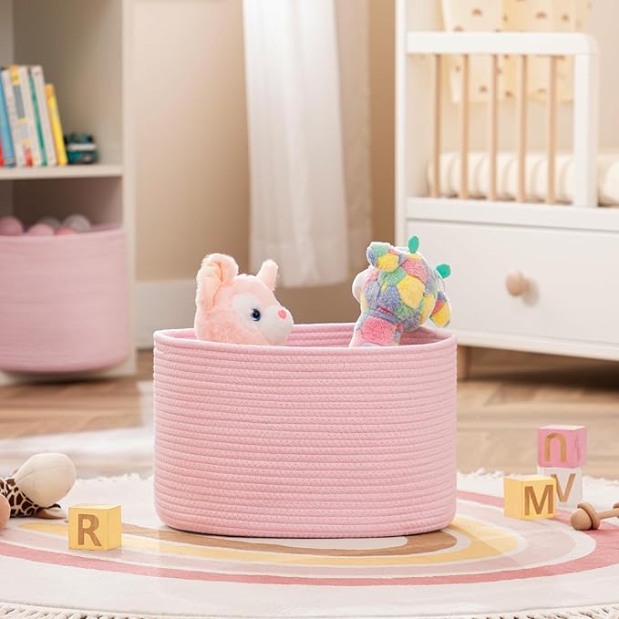 UBBCARE 3-Pack Woven Rope Shelf Baskets - 15x10x9in Decorative Storage Basket for Toys, Kids Playroom, Closet Organization & Cube Storage Organizer | Gift Basket Empty, Pink