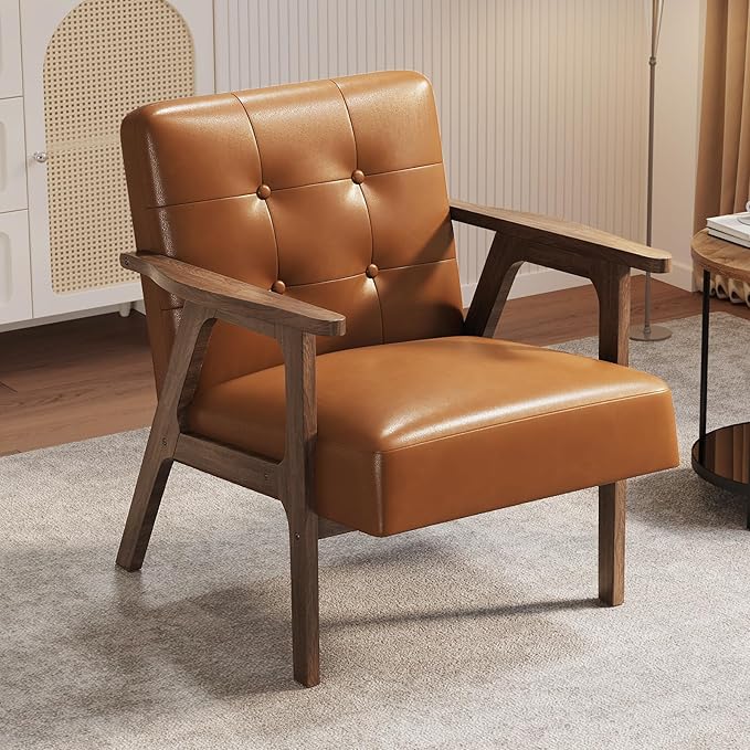 Casaottima PU Leather Accent Chair Mid Century Comfy Cozy Chair with Solid Wood Legs,Modern Arm Reading Chair with Button Tufted Back for Living Room Bedroom (Dark Brown)