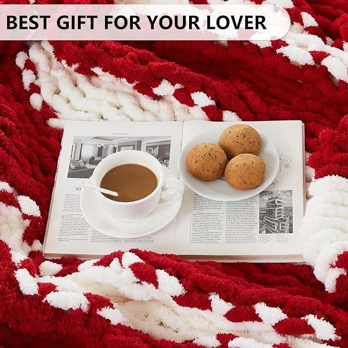 L'AGRATY Chunky Knit Blanket Throw - Soft Throw Blanket 50x60: 100% Hand Kintted Chenile Crochet Throw Blanket for Couch - Large Cable Knit Blanket for Home Decor (Red and White)